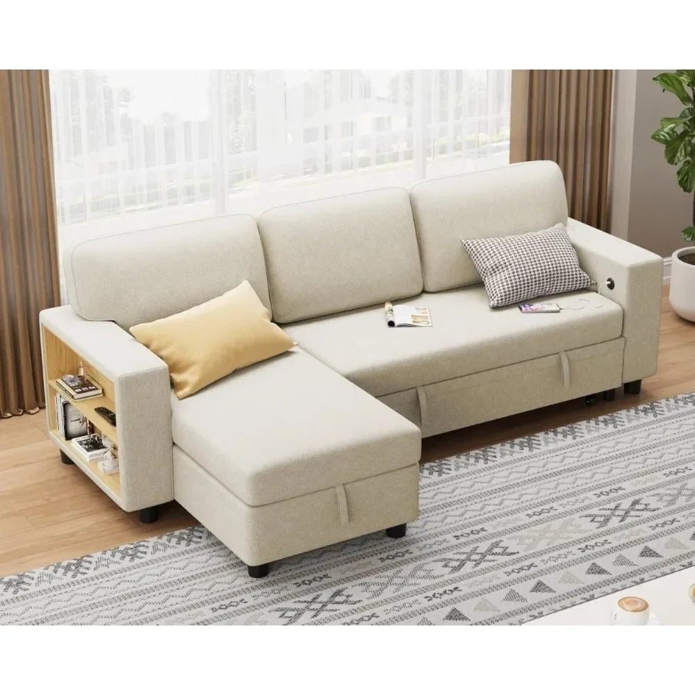 Sleeper Sofa with Built-in Large Storage and 2 Bookshelves and USB.
