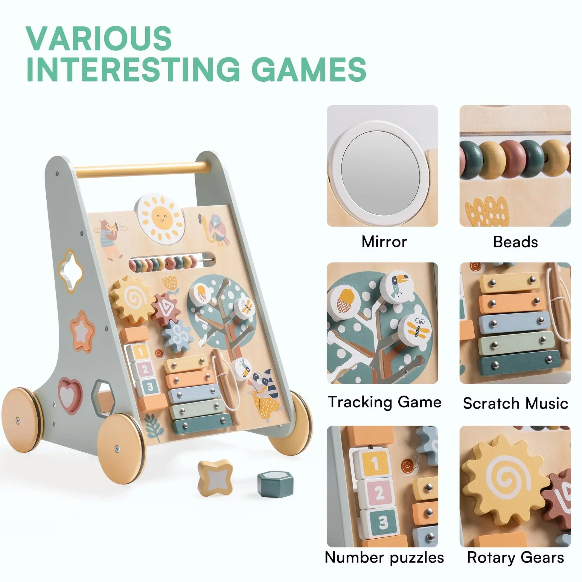 A Montessori Push Toy Baby Walker with Wooden Wheels.