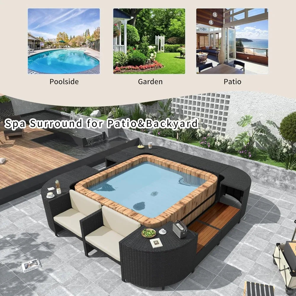 Patio Spa Surround Rattan Sofa Set with Wooden Seats and Storage Spaces.