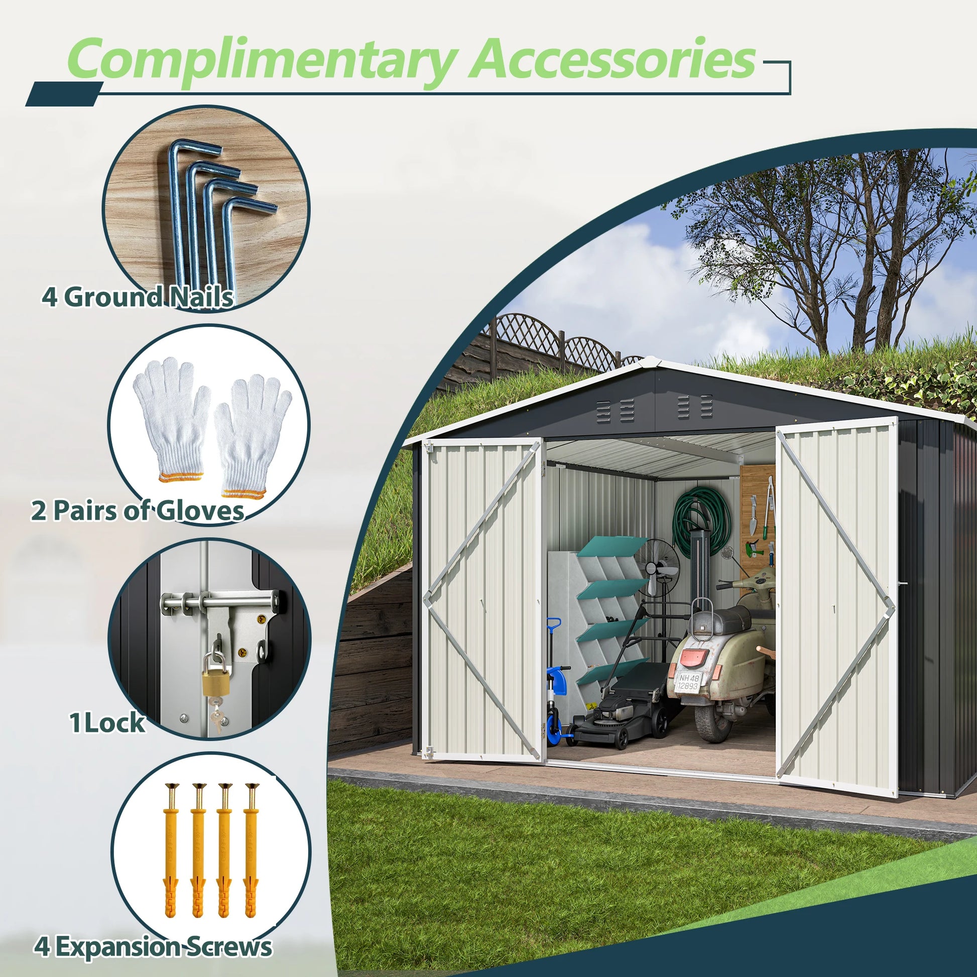 Outdoor 10 x 10  FT Metal Storage Shed with Lockable Doors and Updated Frame Structure.