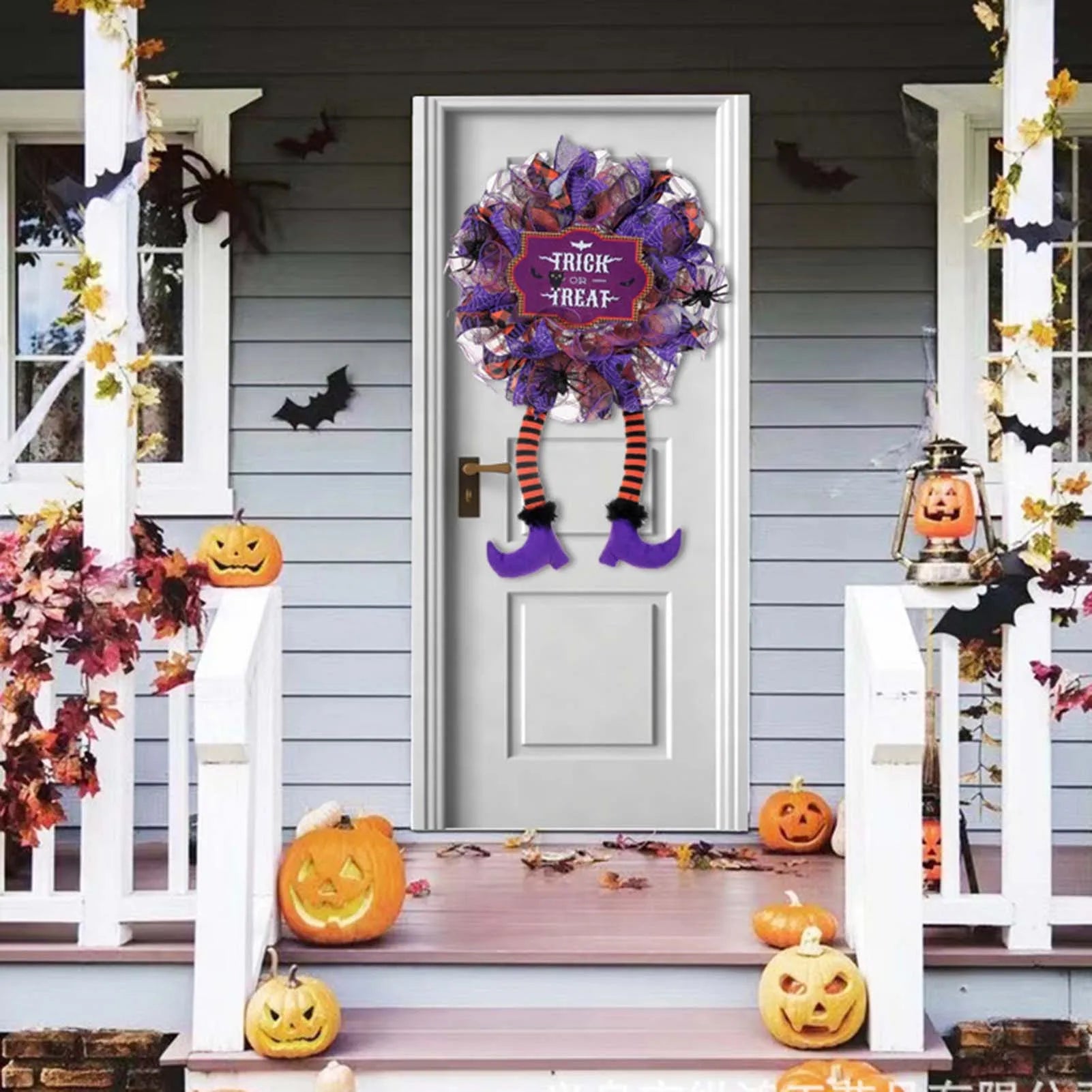 Cute Halloween Purple Mesh Door or Window Wreath with Witch Leg