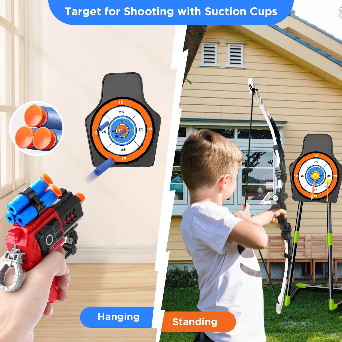 Toy Set for Kids with Bow N Arrow + Guns  (x2) w/LED Light Up and Suction Cup Arrows
