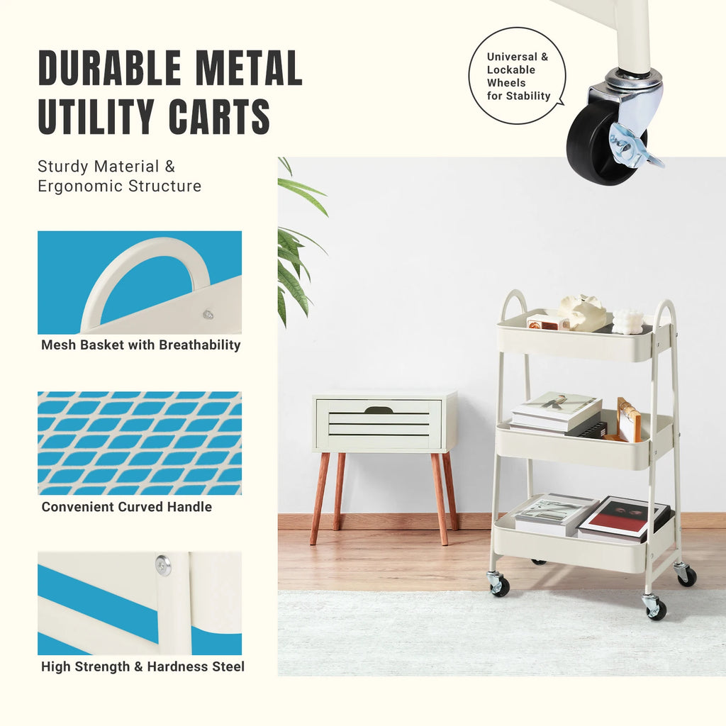 3 Tier Metal Storage Kitchen Cart with Lockable Wheels. Supports 55 lb. per shelf
