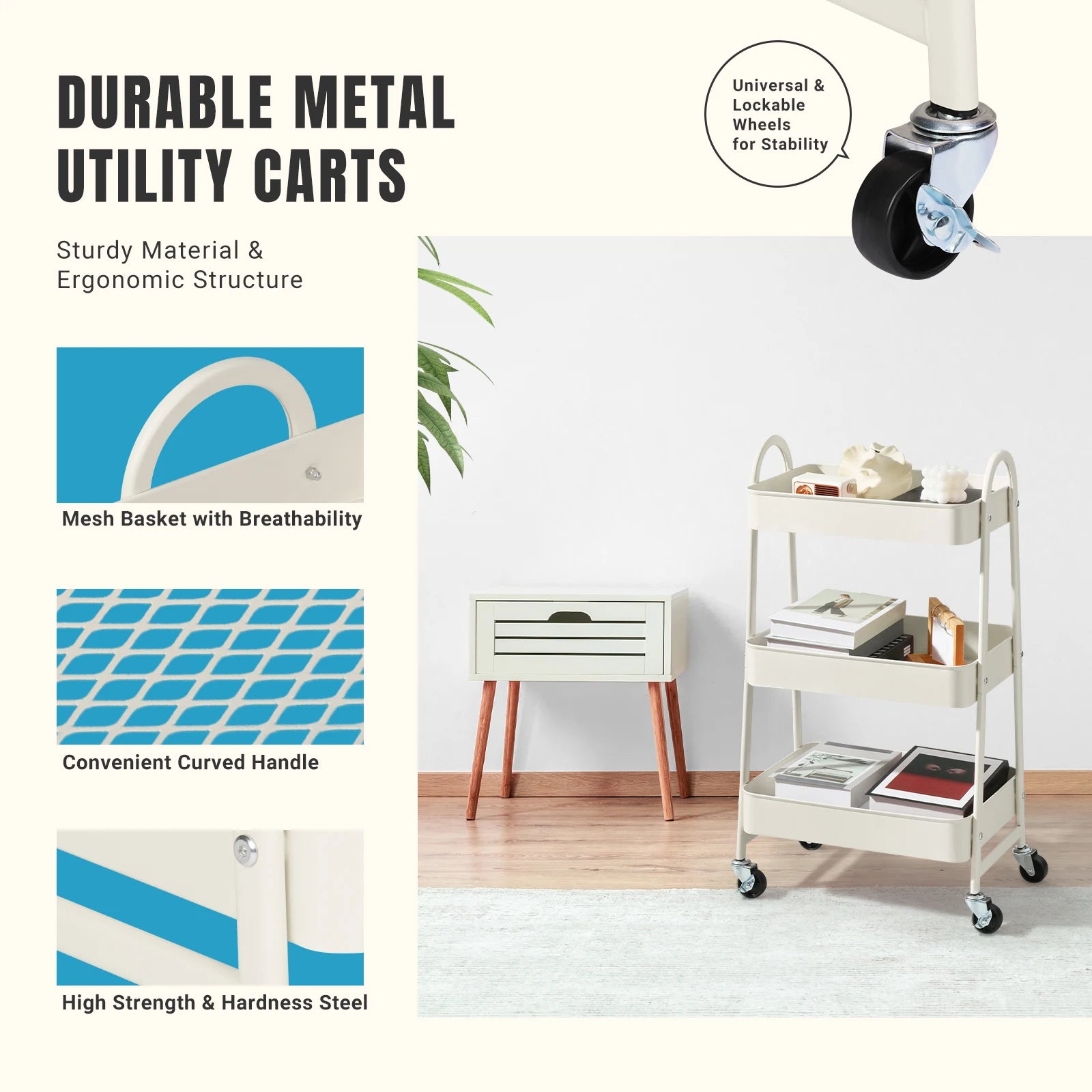 3 Tier Metal Storage Kitchen Cart with Lockable Wheels. Supports 55 lb. per shelf