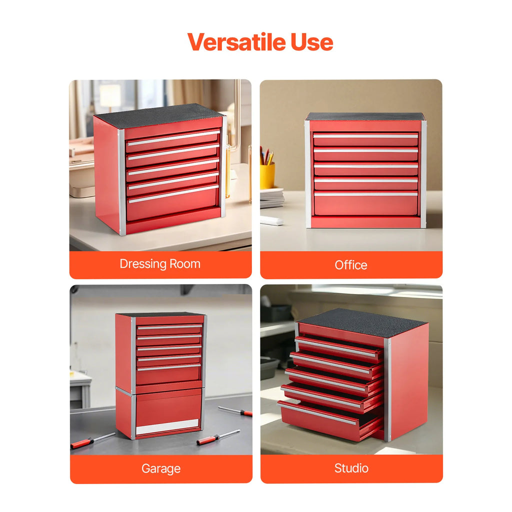 Red/Black Small 5-Drawer 8.6" Metal Tool Box for Cabinet Top Use.