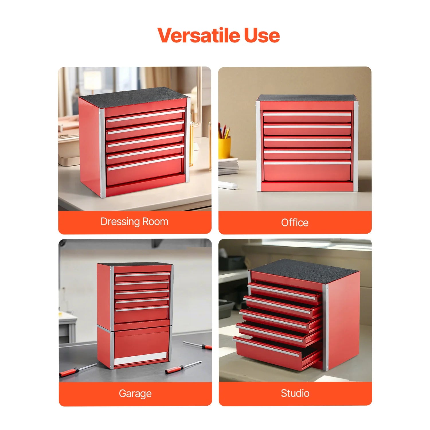 Red/Black Small 5-Drawer 8.6" Metal Tool Box for Cabinet Top Use.