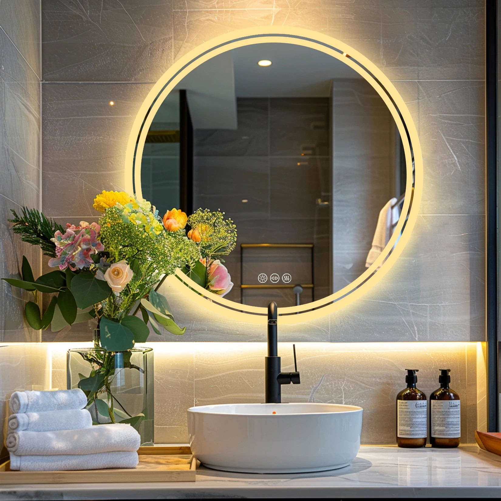 Wall Mounted Round LED Lit Bathroom Mirror with 3 Different Color Lights