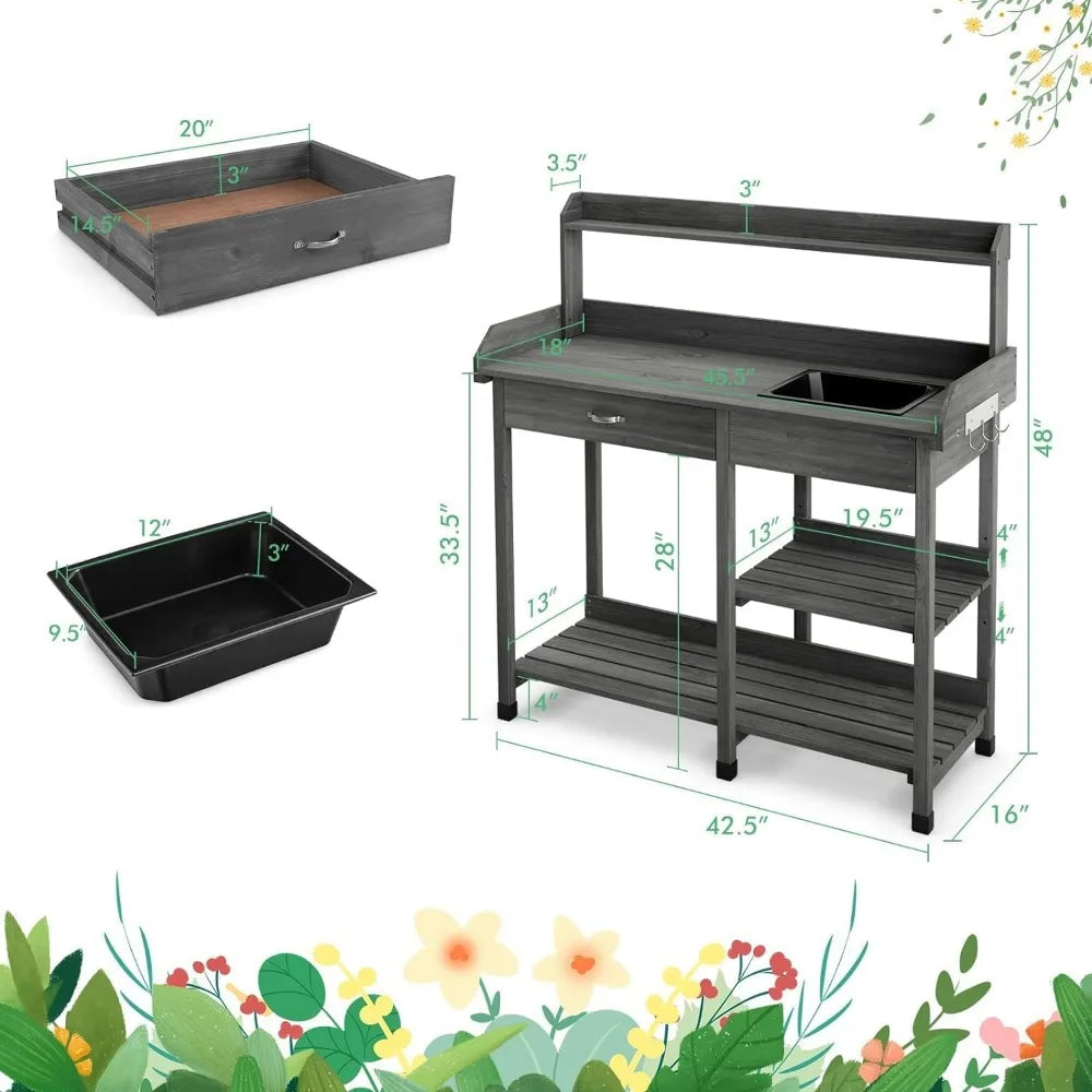 Solid Wood Potting Bench with Planting Shelf, Sink and Drawer.