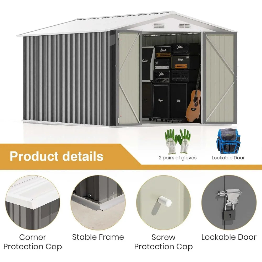 12 x 8 FT Outdoor Steel Storage Shed, With Lockable Doors.