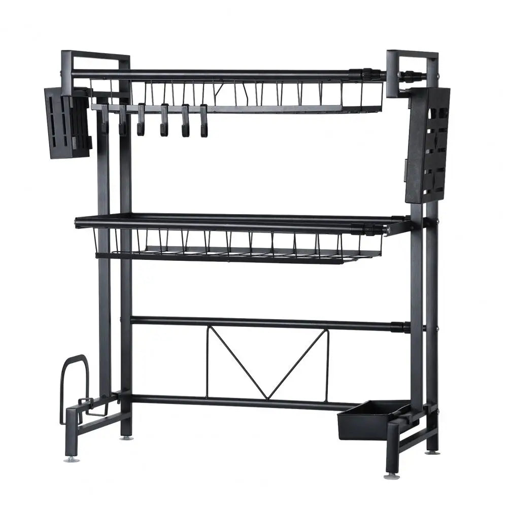 Adjustable Over Sink Double Layer Storage and Dish Drying Rack With Drain Frame.