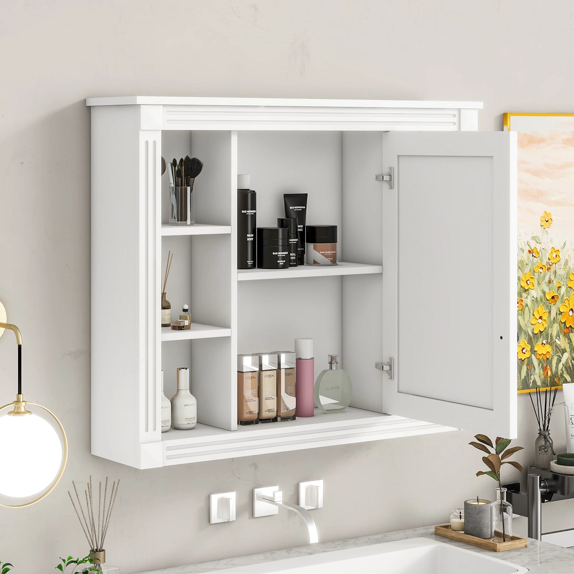 35'' x 28'' Wall Mounted Bathroom Storage Cabinet with 6 Open Shelves And Storage Behind Mirror
