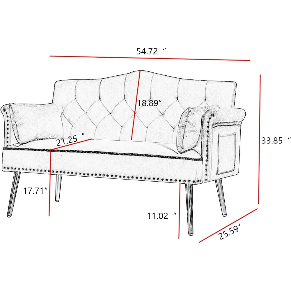 55-Inch Velvet Loveseat with Tufted Backrest, Side Pockets and Gold Metal Legs.  Also available in white or gray chair.