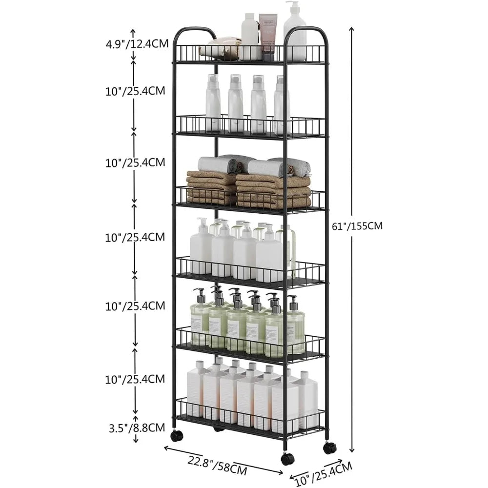 6-Tier Slim Metal Wire Rolling Cart with Handle: