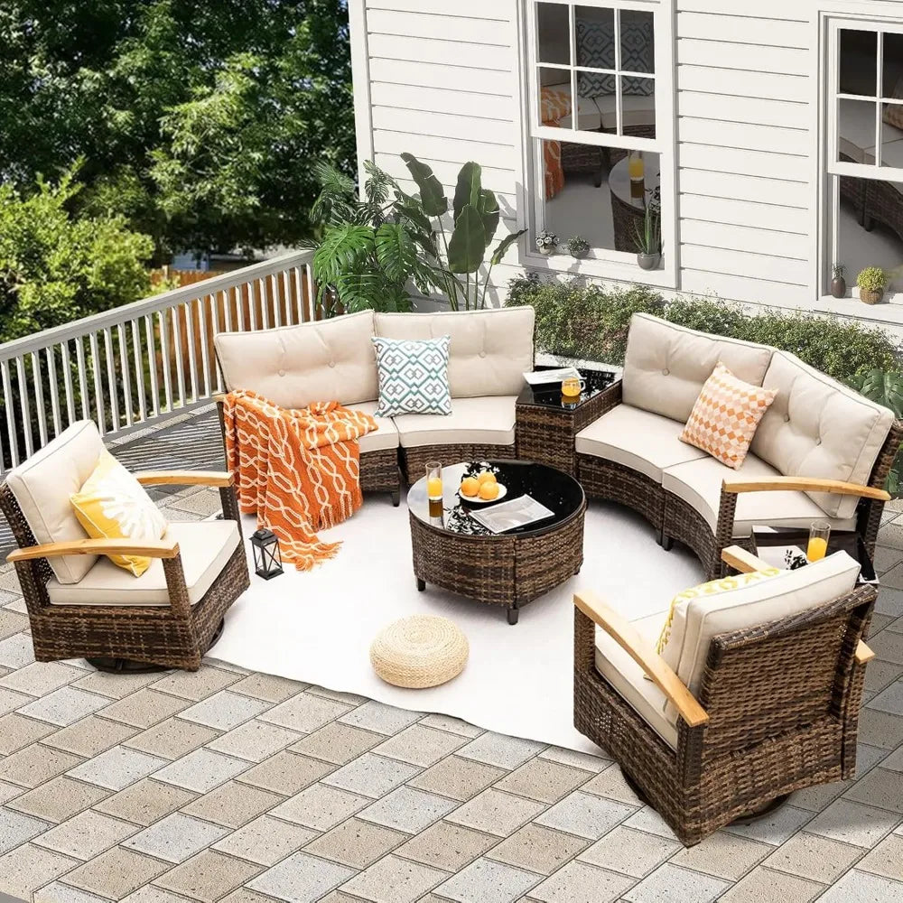 9 Piece Outdoor Patio Furniture Set, Half-Moon Curved Sectional Sofa Rattan Patio Conversation Set