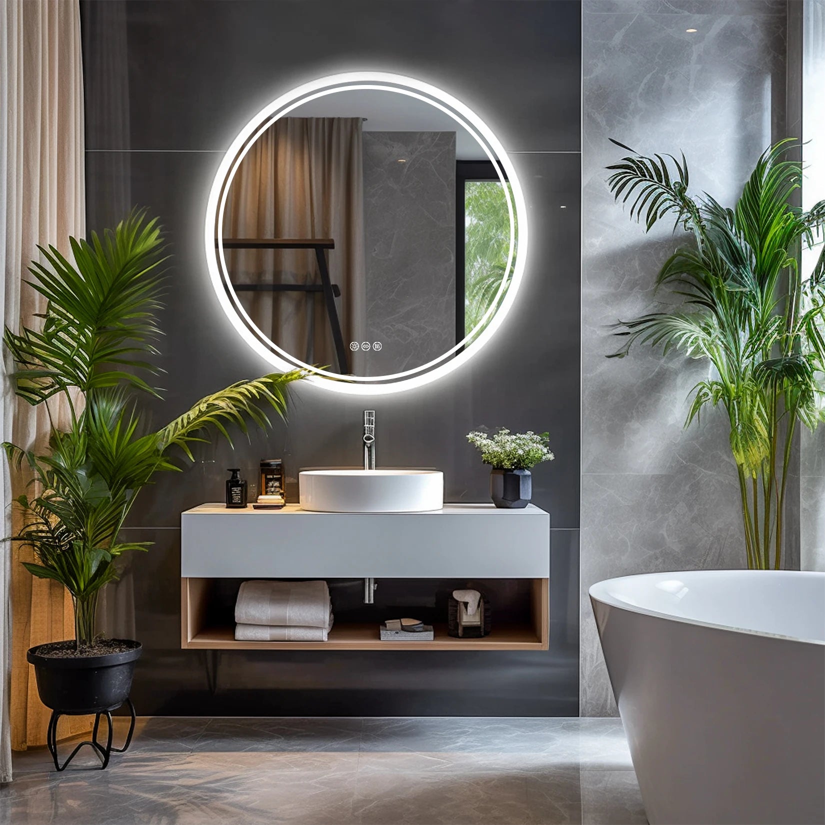 Wall Mounted Round LED Lit Bathroom Mirror with 3 Different Color Lights