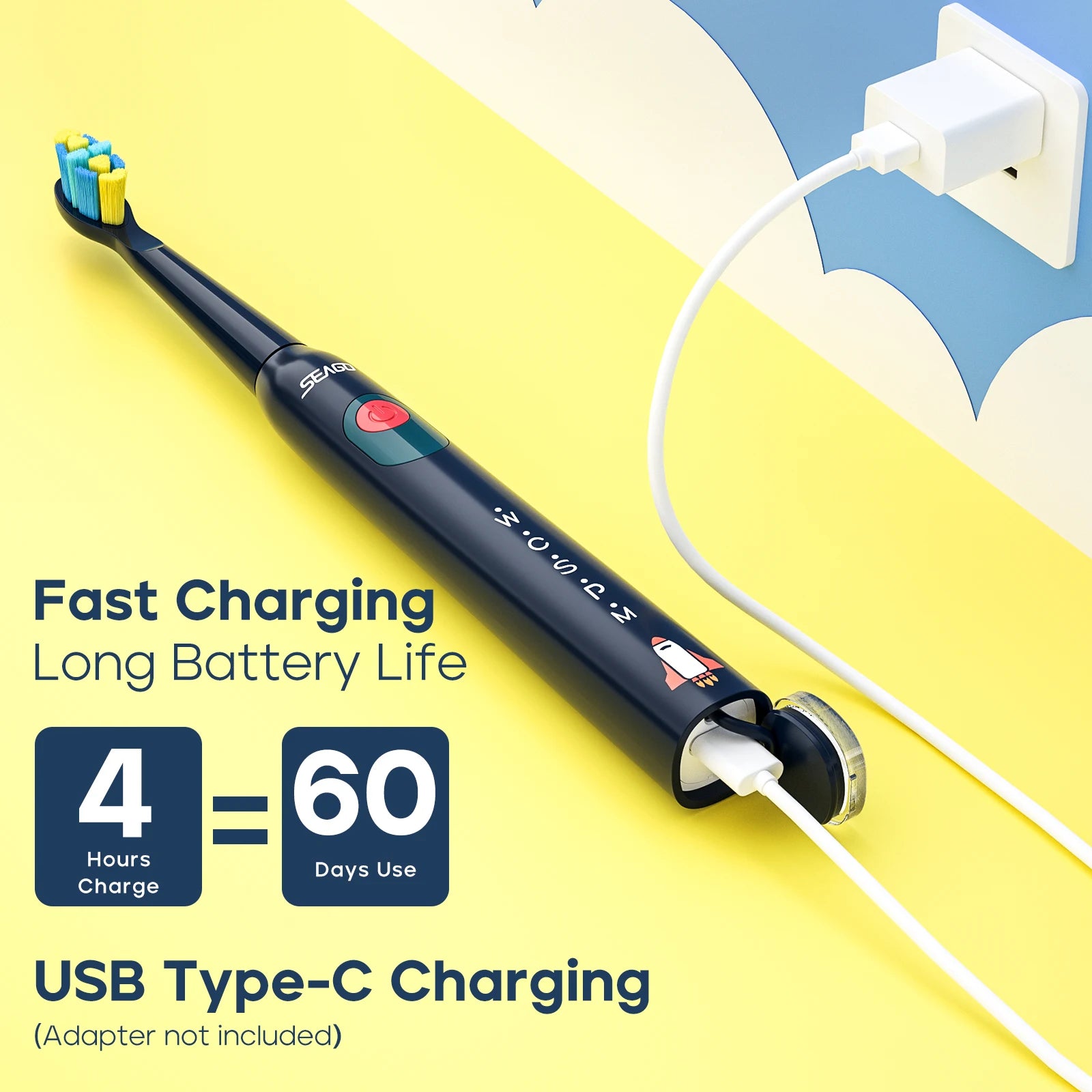 Kids Electric Rechargeable Waterproof Power Sonic Toothbrush for 3+Years of Age with 5 Modes; Replacement Head SG-2303
