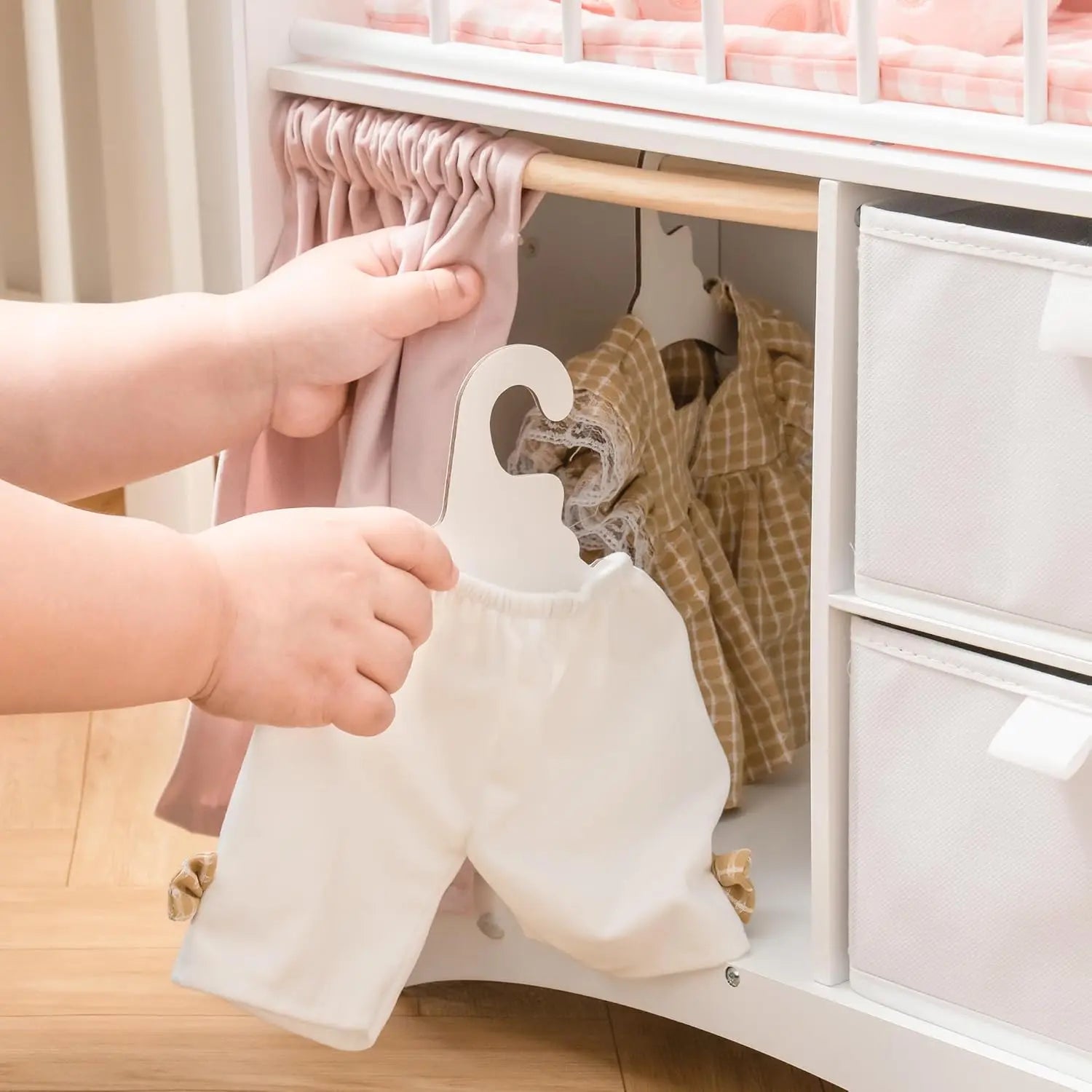 Pink and White Wooden Baby Doll Furniture Crib  with Storage Bedding and Wooden Hooks .