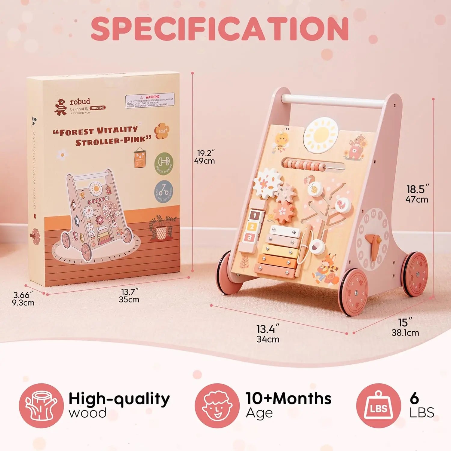 A Montessori Push Toy Baby Walker with Wooden Wheels.
