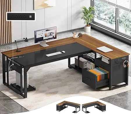 Large Reversible L-Shaped 71" Executive Desk with Power Outlets, File Drawers & Storage Shelves.