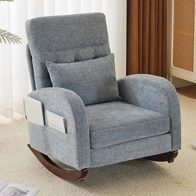 Upholstered Rocking Chair/Glider with Thick Headrest, Curved Armrest and Side Pockets. Two Styles and Various Colors.