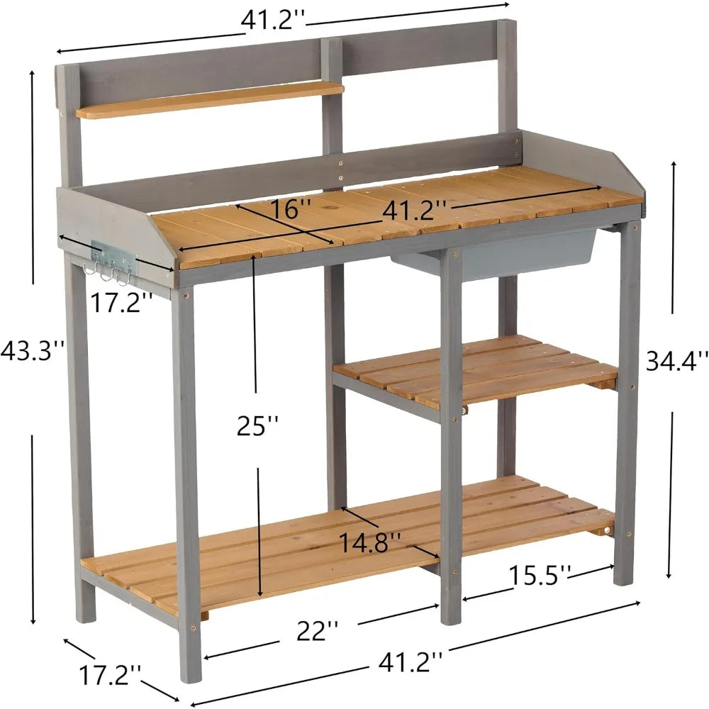 Outdoor Potting Bench  with Shelves for use as Planting Table.