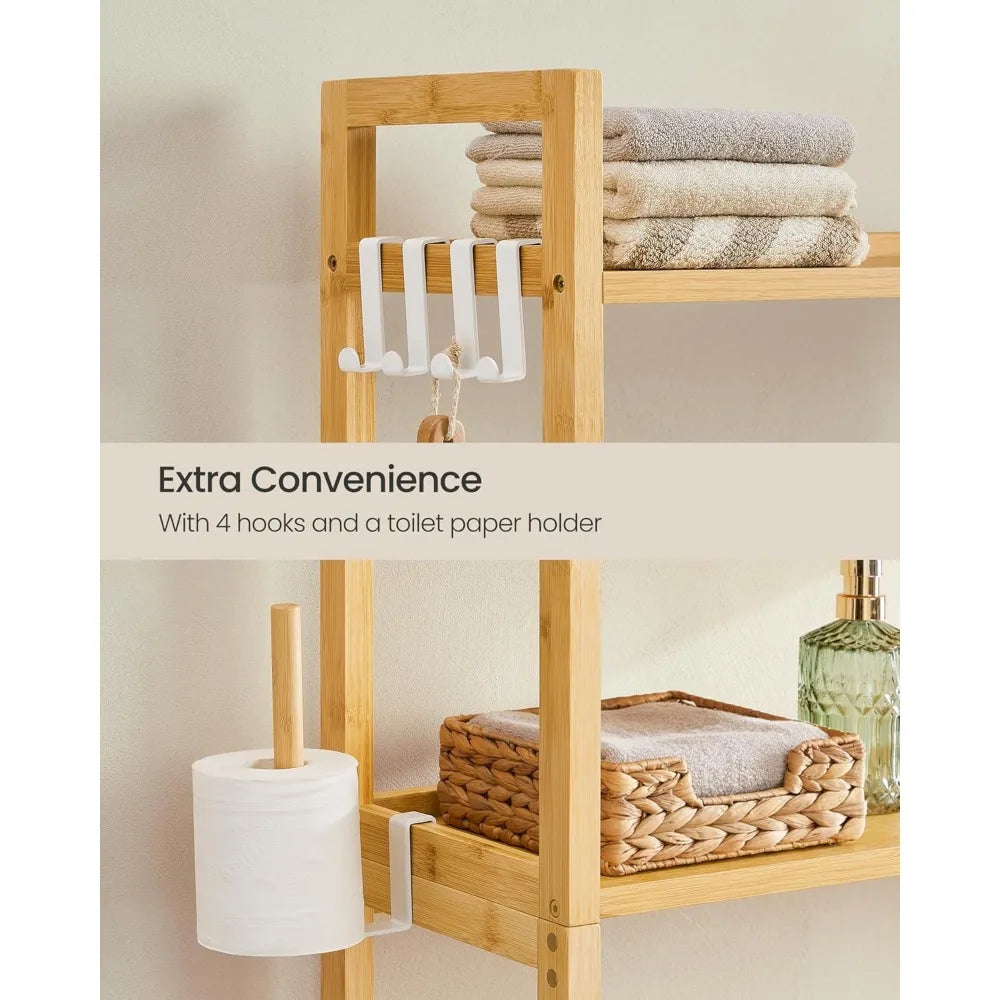 Adjustable Bamboo Over The Toilet Storage Shelf with Toilet Paper Holder