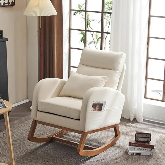 Upholstered Rocking Chair/Glider with Thick Headrest, Curved Armrest and Side Pockets. Two Styles and Various Colors.