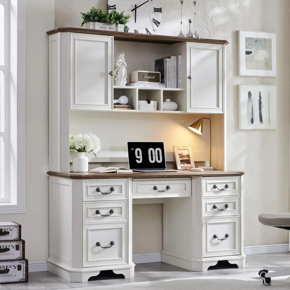 59" Farmhouse Executive Desk with Hutch,Wood Home Office Computer Desk, Featuring Keyboard Tray,Charging Station,File Drawer, S