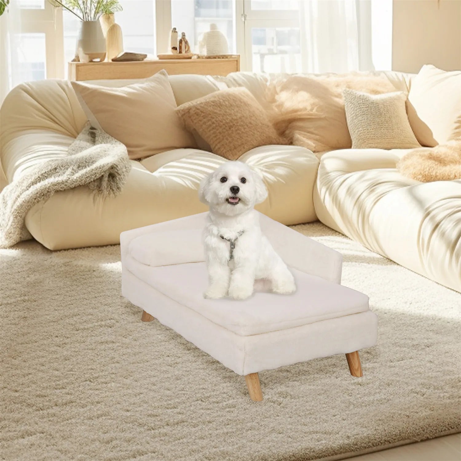 Elevated Pet Stool Bed with Cozy Waterproof Pad and Sturdy Wood Legs for Small Dog or Kitten