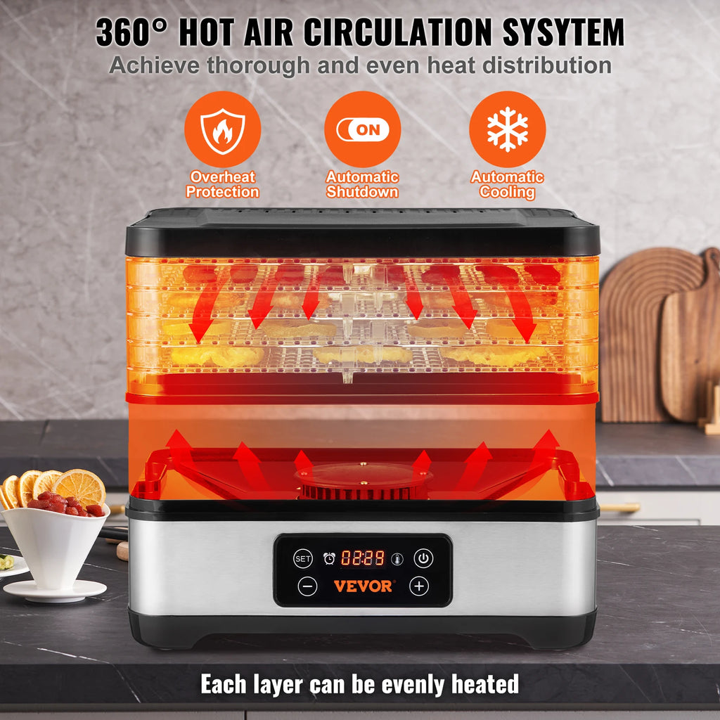 300W Stainless Steel Electric 5 Tray Food Dehydrator w/ Digital Adjustable Time & Temperature; Dishwasher Safe.