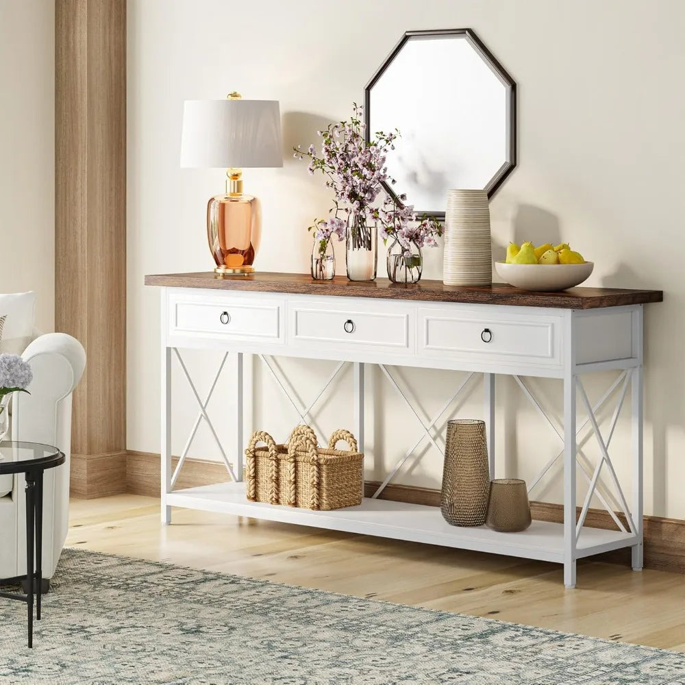 70.8" Farmhouse Console Table for Entryway with 3 Drawers and a Storage Shelf.