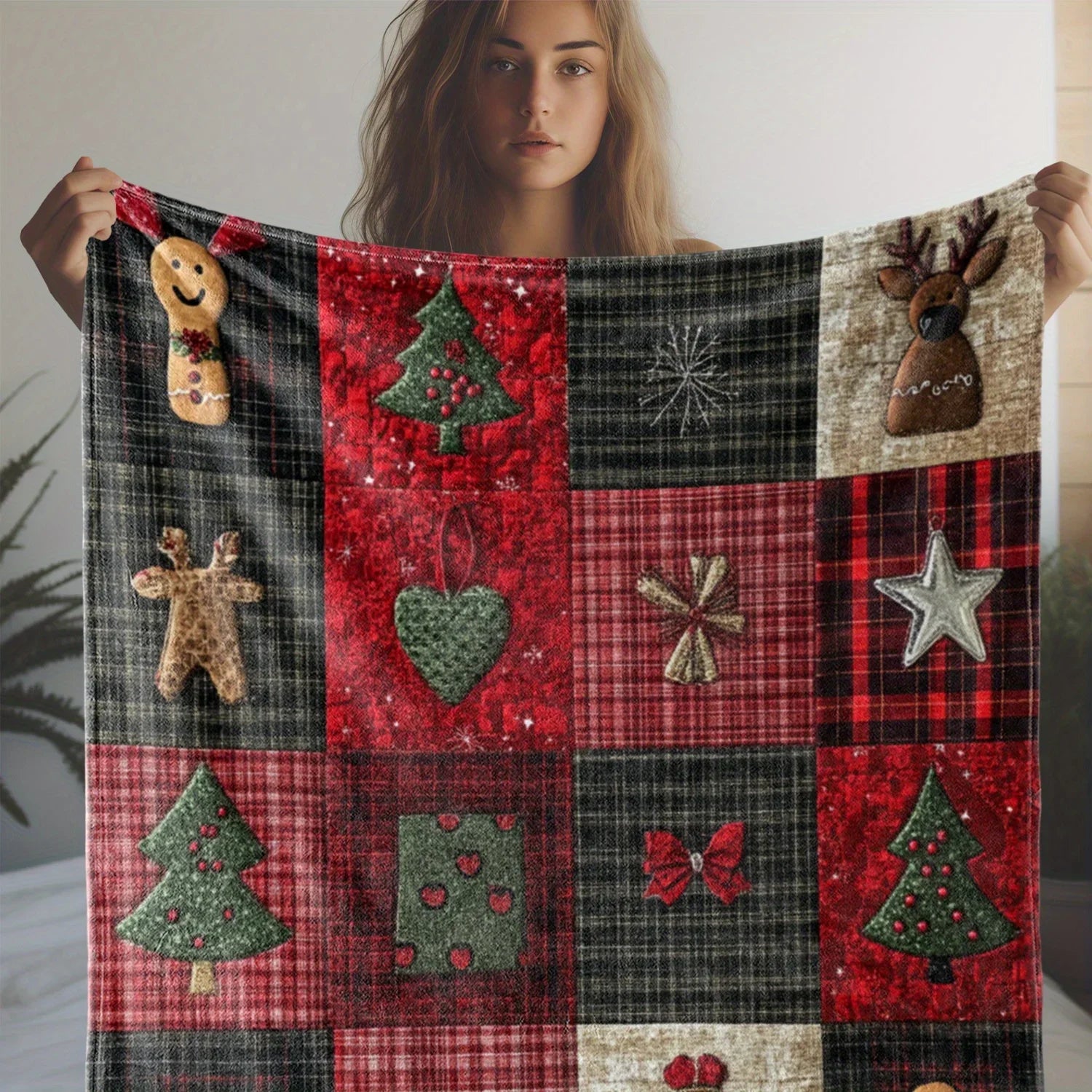 1pc Rustic Plaid Christmas Print Throw Blanket, Soft Warm Knitted Polyester Flannel