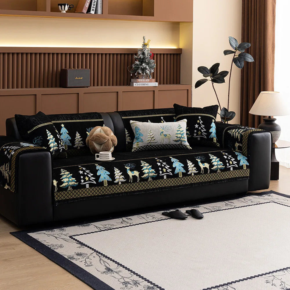 Chenille Christmas Sofa Cover with Christmas Tree and Deer Pattern and Anti-Slip Fabric