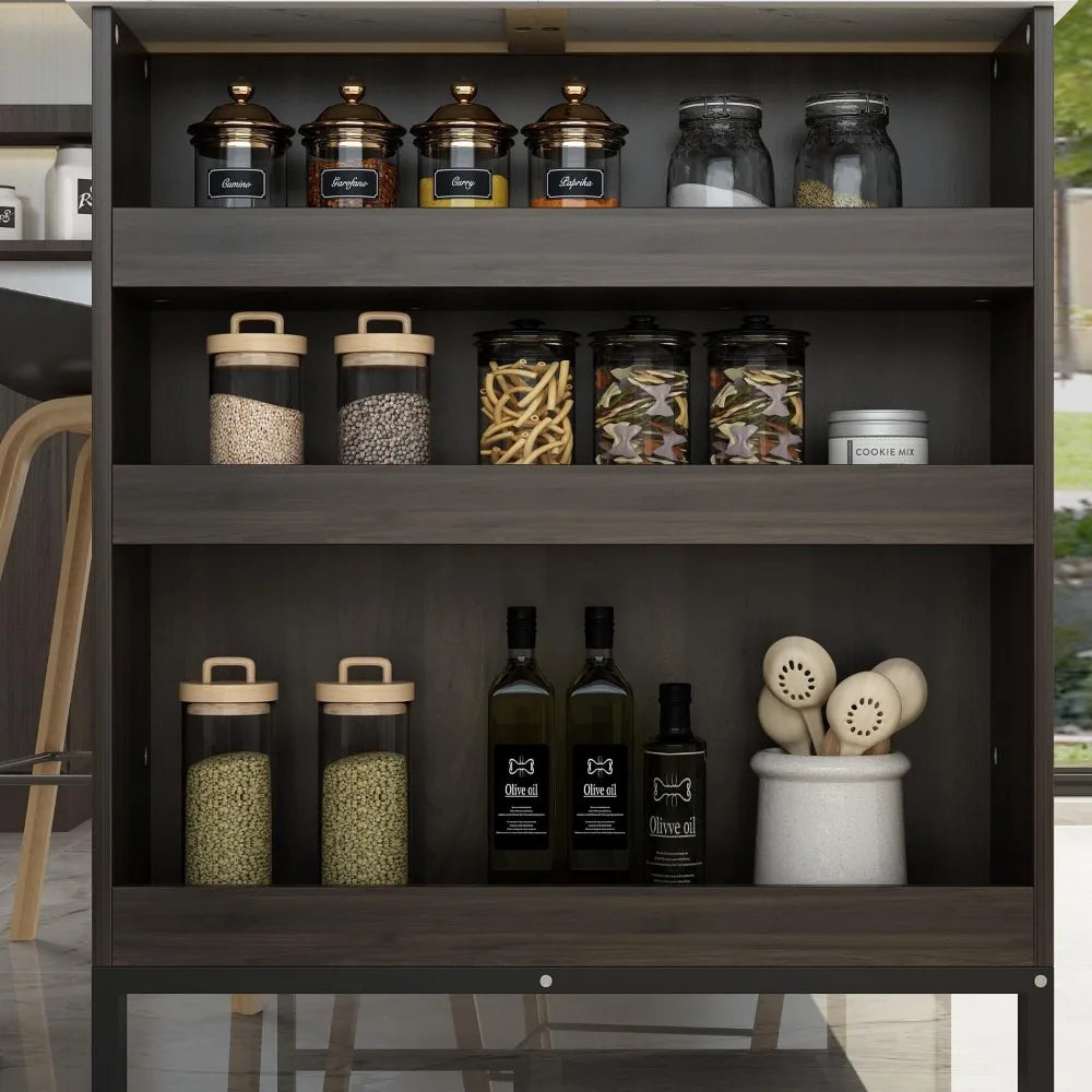 Stationary Kitchen Island with Storage Cabinet, 6 Open Shelves & 2 Drawers.