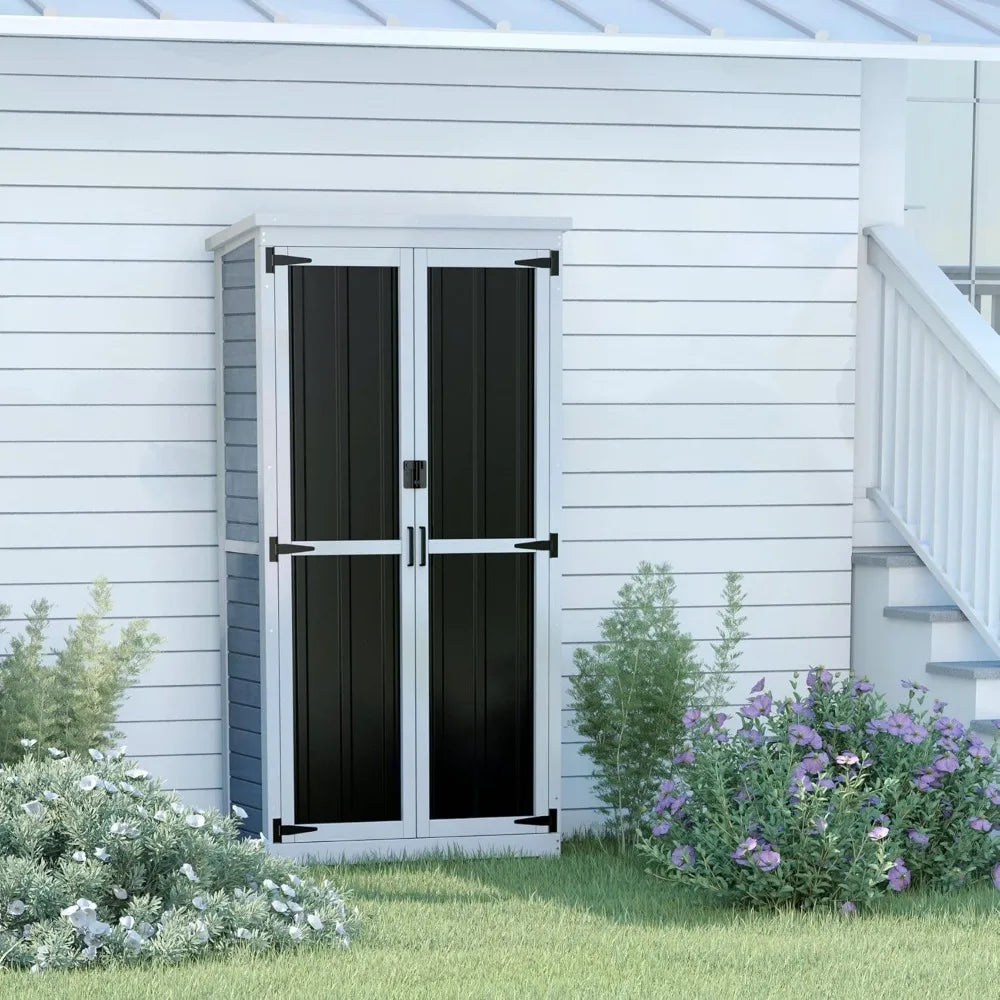 Wood and Metal Storage Cabinet With Waterproof Roof and Lockable Doors.