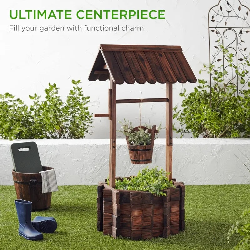 Rustic Wooden Outdoor Wishing Well Planter w/Hanging Bucket