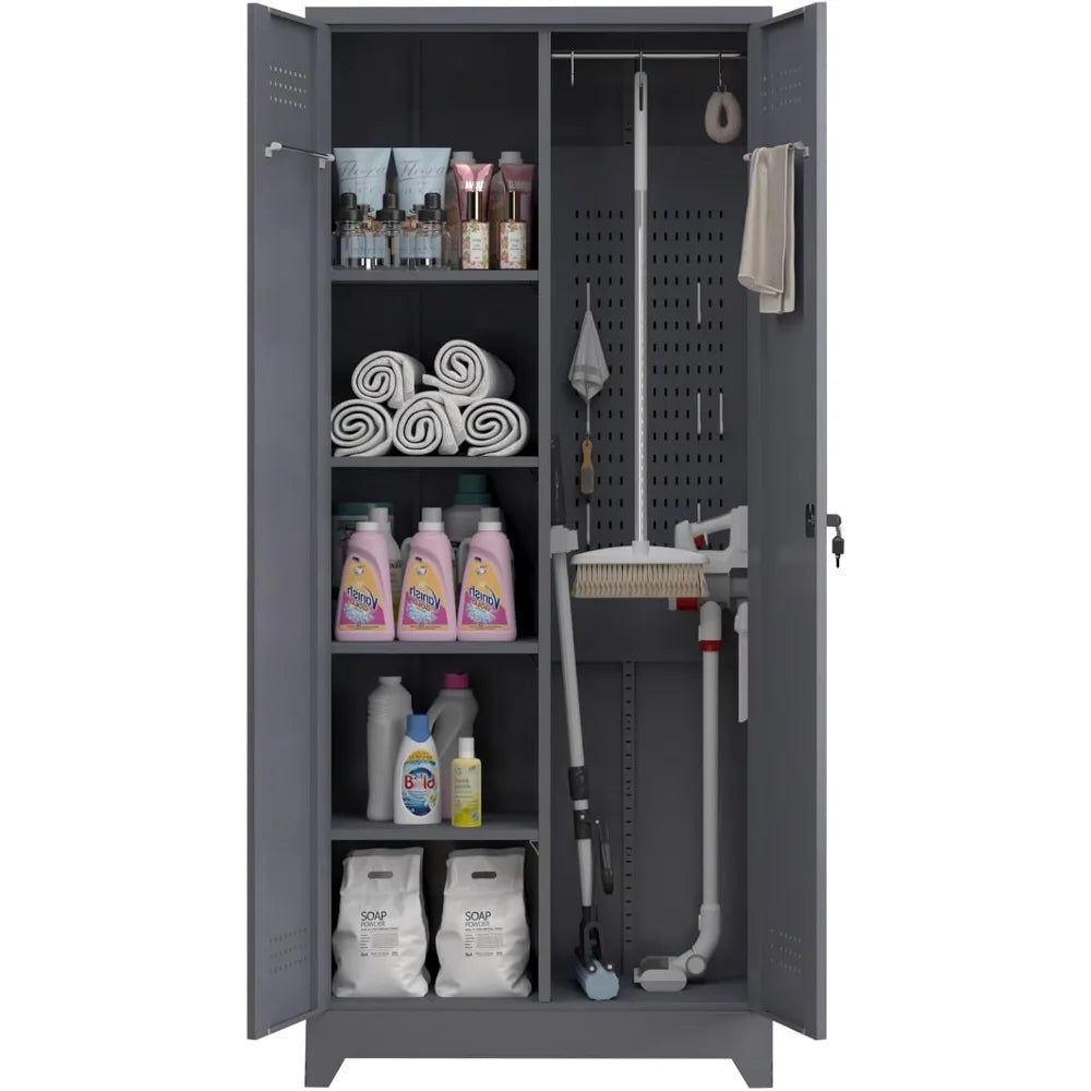 Metal Tool Storage Cabinet 72.8" Tall with Hooks and Shelves.