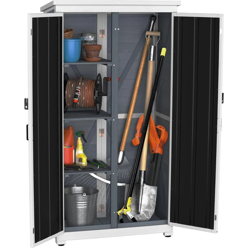 Wood and Metal Storage Cabinet With Waterproof Roof and Lockable Doors.