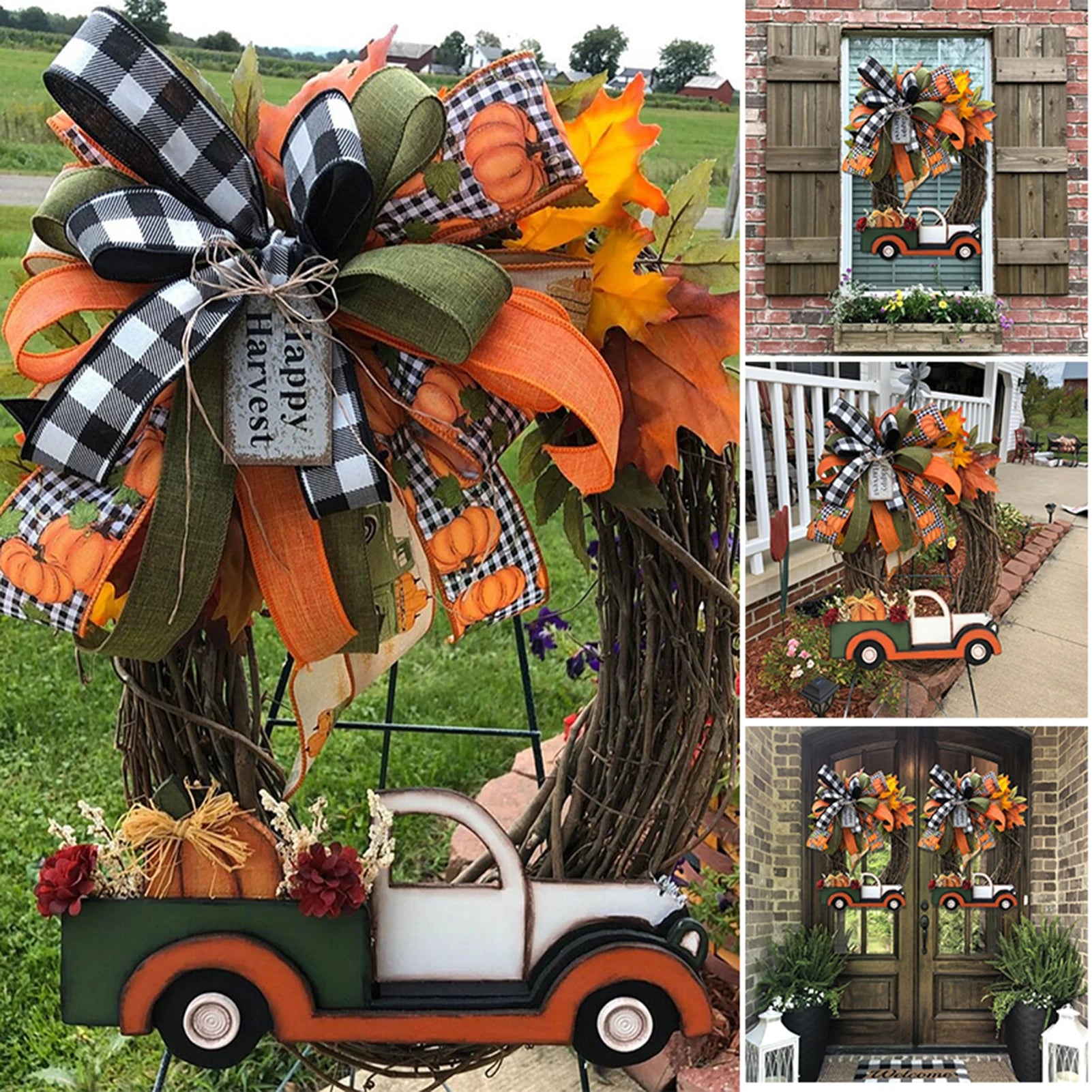 Artificial Fall Wreath for front door featuring farm truck.