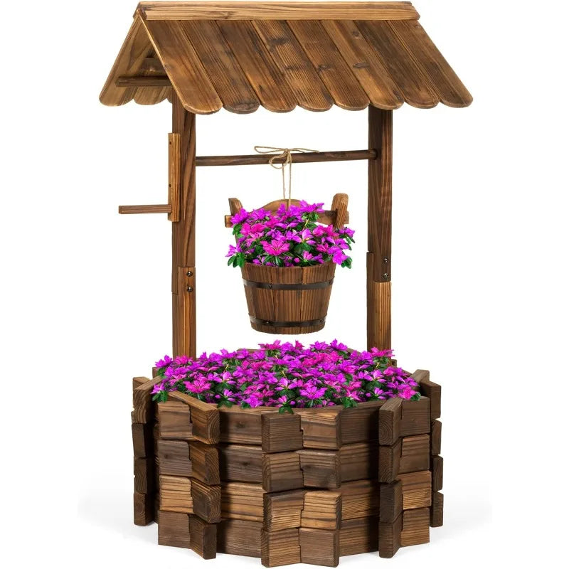 Rustic Wooden Outdoor Wishing Well Planter w/Hanging Bucket