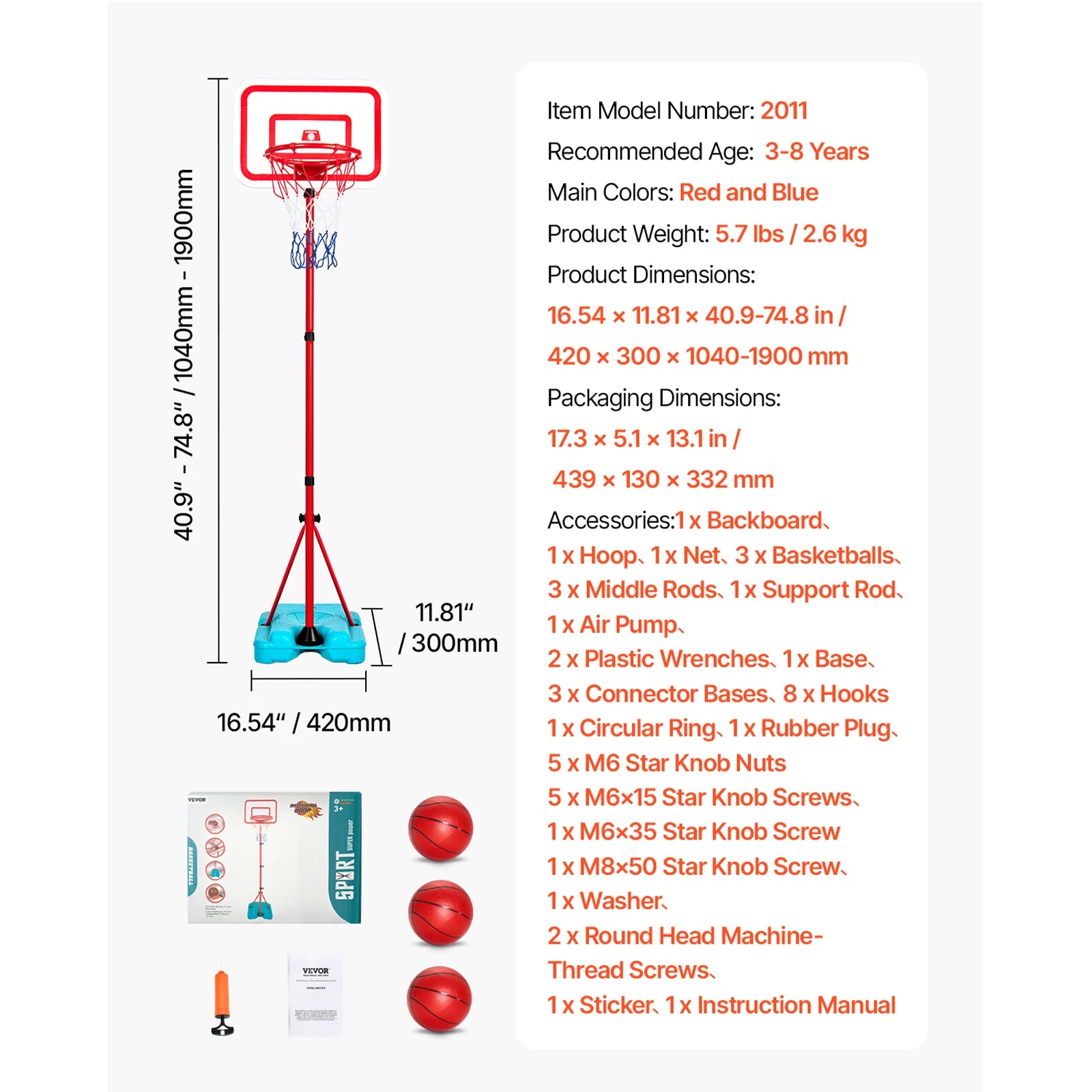 Adjustable Basketball Hoop for Kids, Recommended Age 3-6 YO.