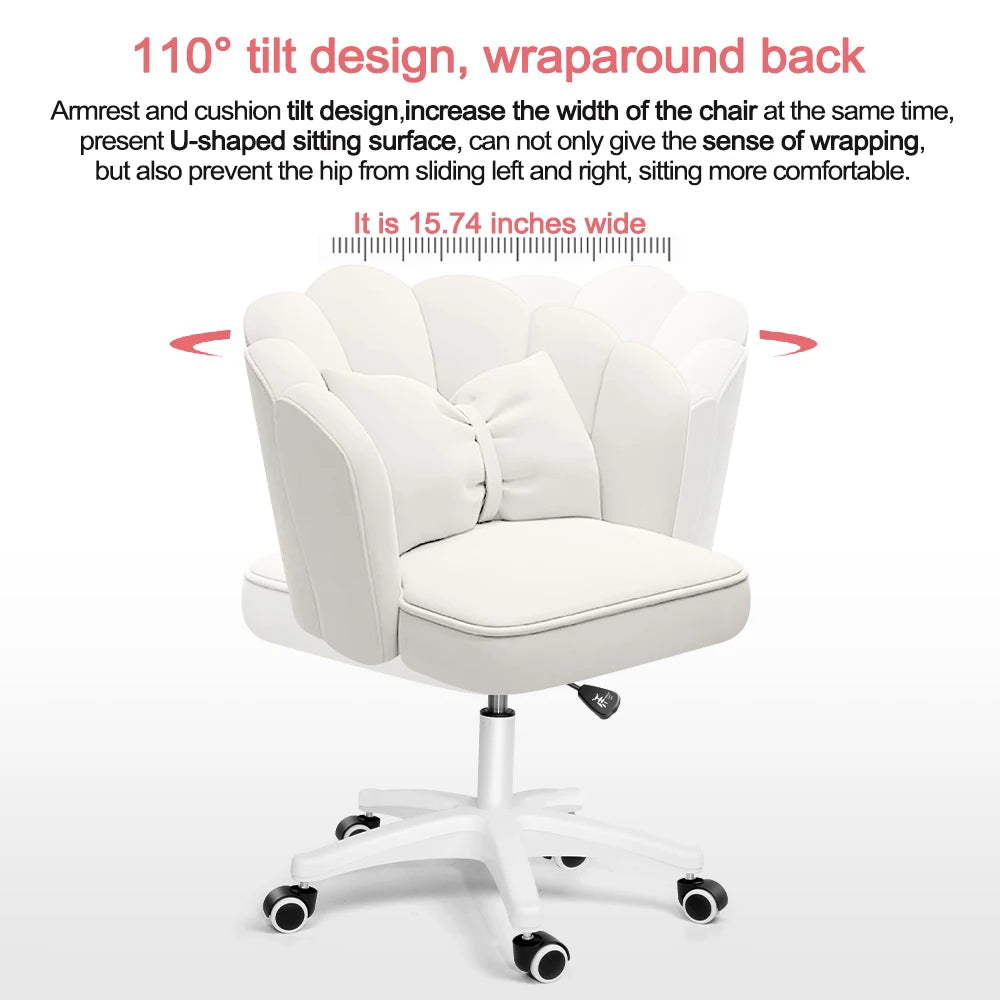 Velvet Petal or Butterfly Chair used as Vanity or Desk Chair with Bow Pillow. Various colors.