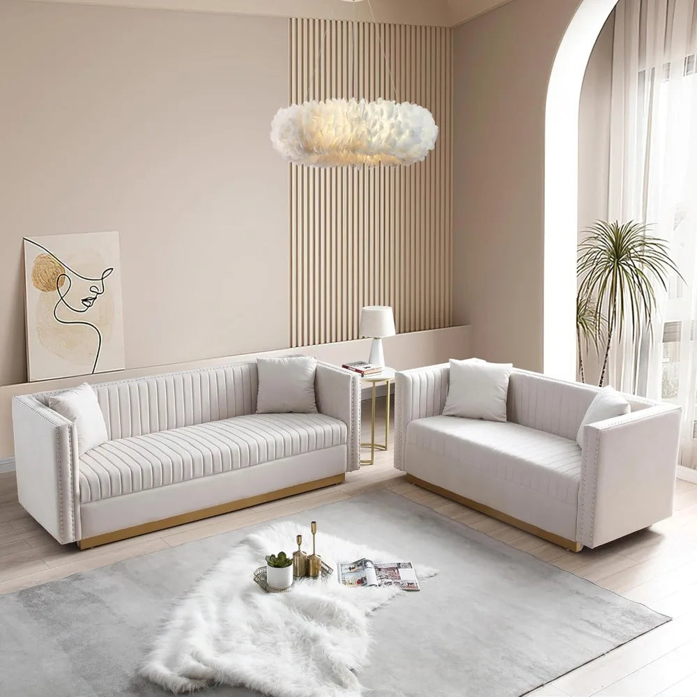 Luxury Velvet Sofa Set for Living Room with Nailhead Gold Metal Legs and 4 Pillows.