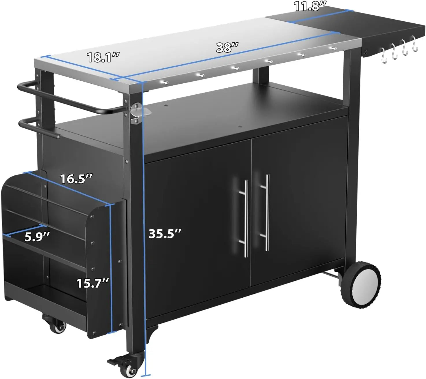 Waterproof Outdoor Grill or Bar Cart on Wheels with Stainless Steel Top, Storage, Hooks and Spice Rack