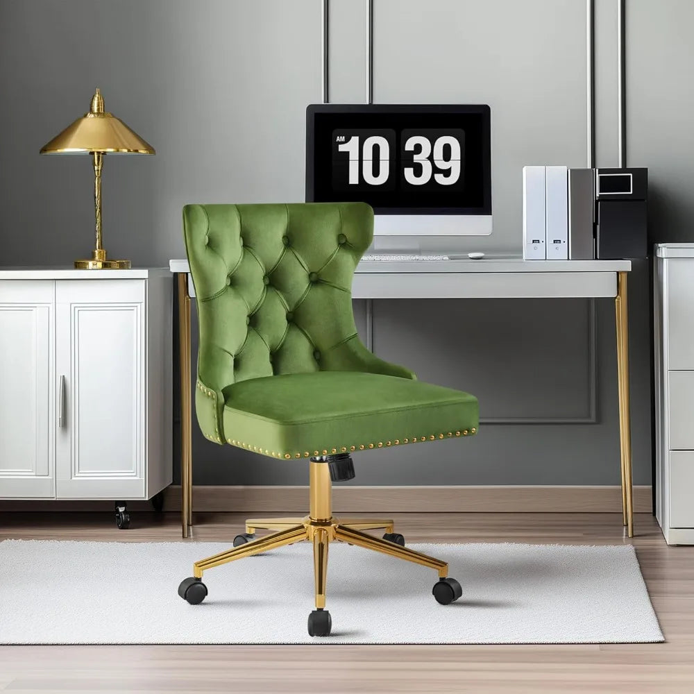 Adjustable Armless Velvet Desk or Vanity Chair with Back, Gold Base/Wheels and Rotating Seat,