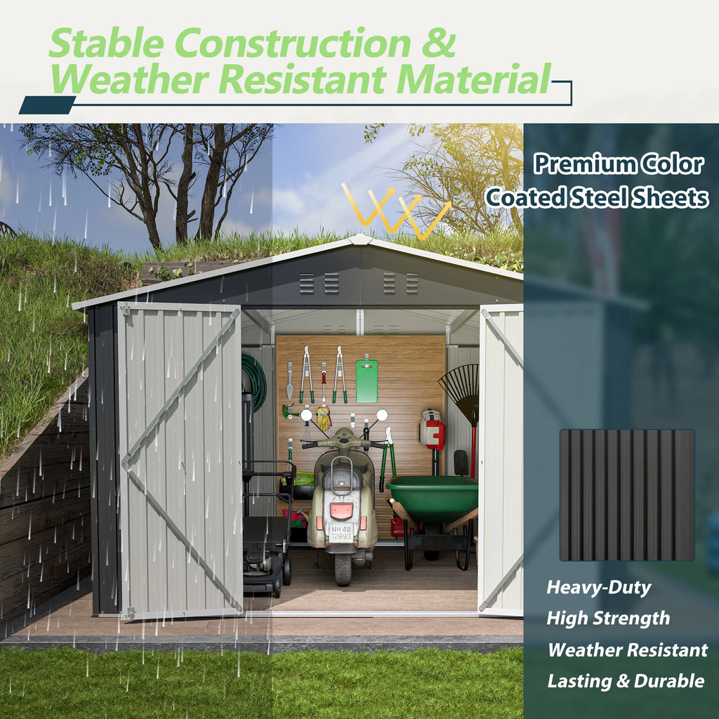 Outdoor 10 x 10  FT Metal Storage Shed with Lockable Doors and Updated Frame Structure.