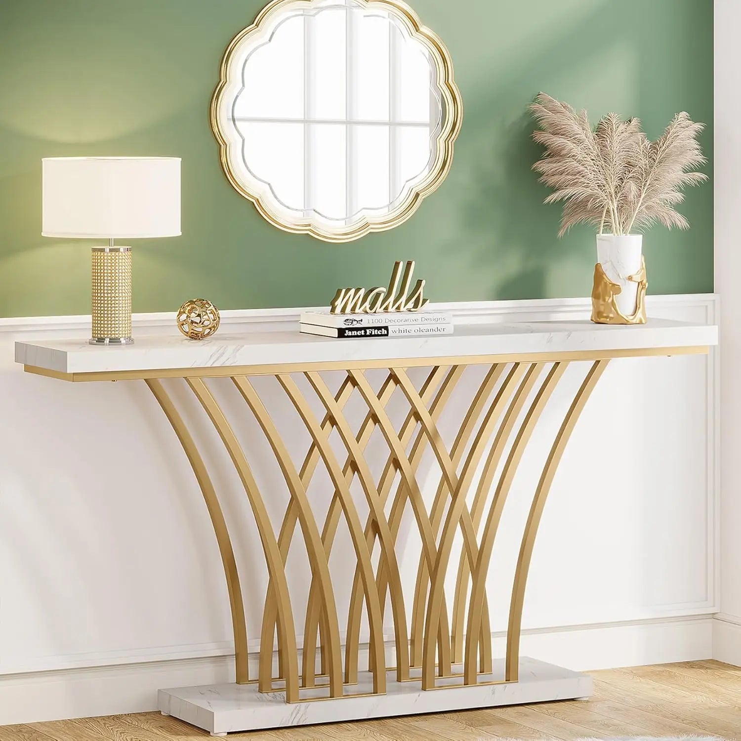 59 inch Gold Console Table with Grid-Shaped Metal Base. Three styles available.