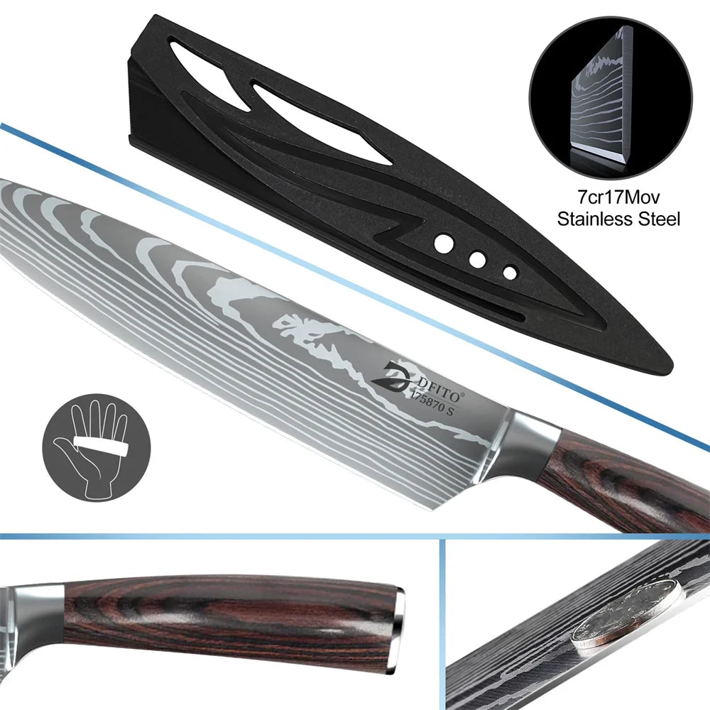 8 pcs Kitchen Stainless Steel Knife Set with Nylon Bag and Knife Sharpener