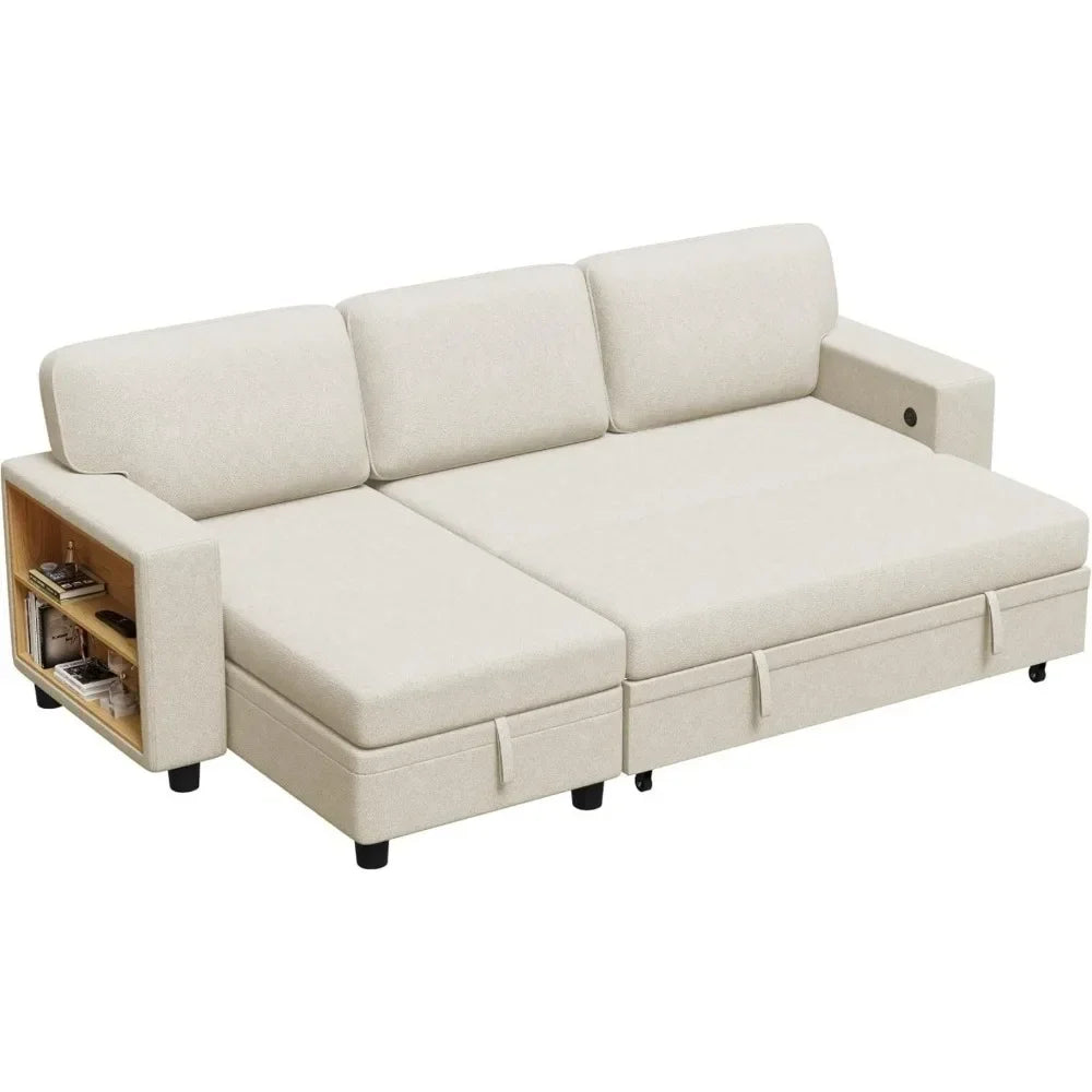 Sleeper Sofa with Built-in Large Storage and 2 Bookshelves and USB.