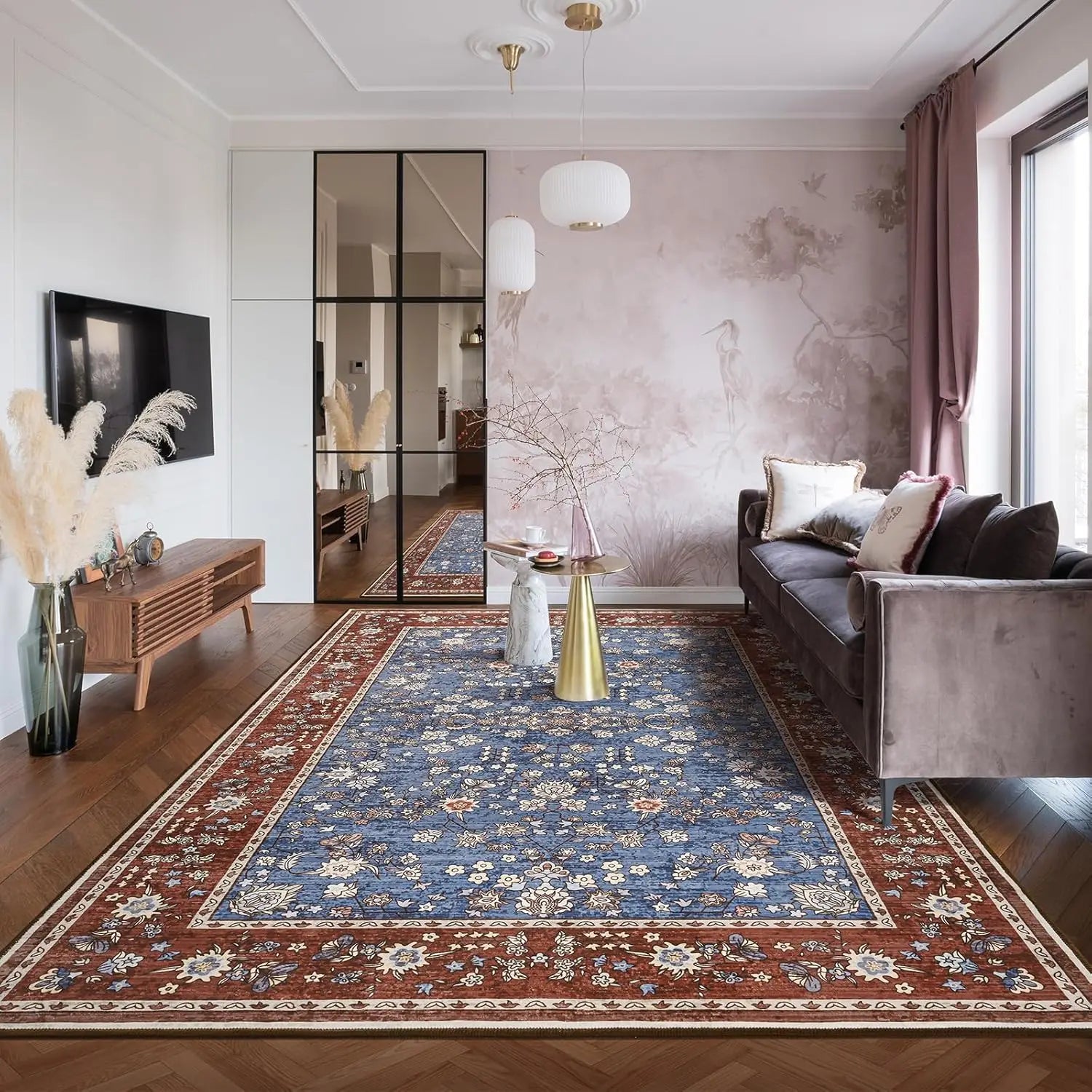 Washable Area Rug for Living Room with Vintage Floral Print.